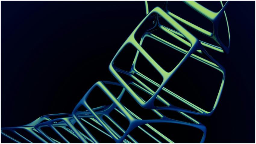 A digital artwork featuring luminous 3D geometric