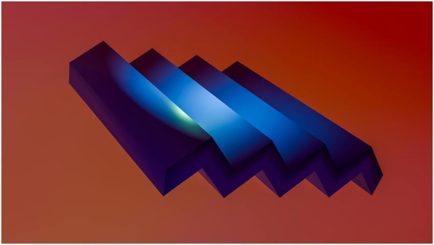 3D abstract art with blue geometric shapes on a wa