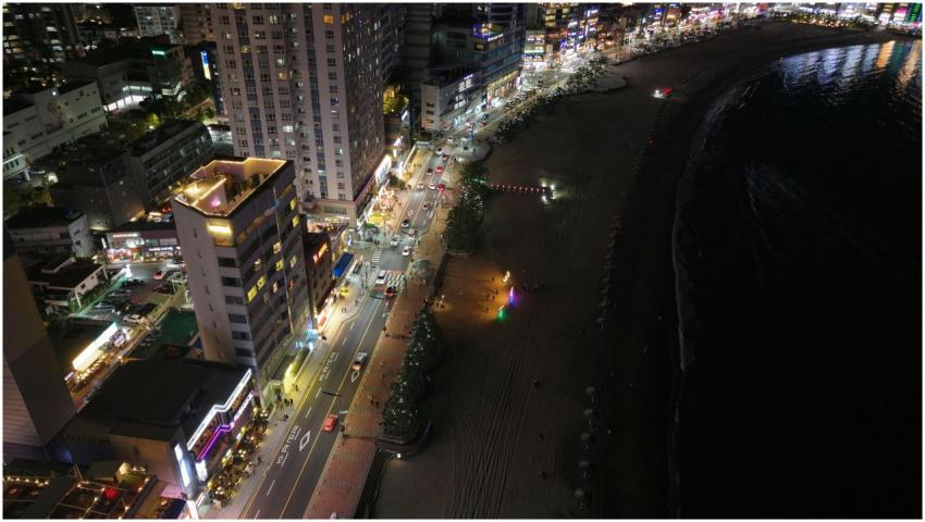 Stunning aerial night view of Haeundae Beach, Busa