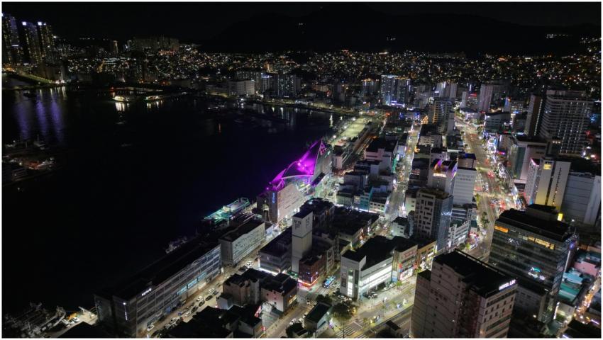 A stunning aerial shot capturing the vibrant city