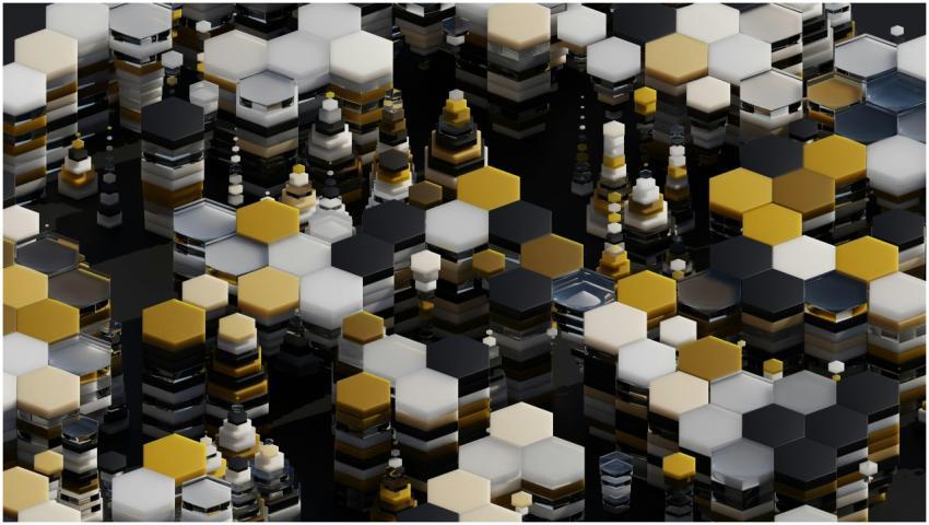 Vibrant 3D abstract hexagonal pattern with gold, w