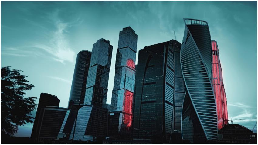 Dramatic cityscape with modern skyscrapers towerin