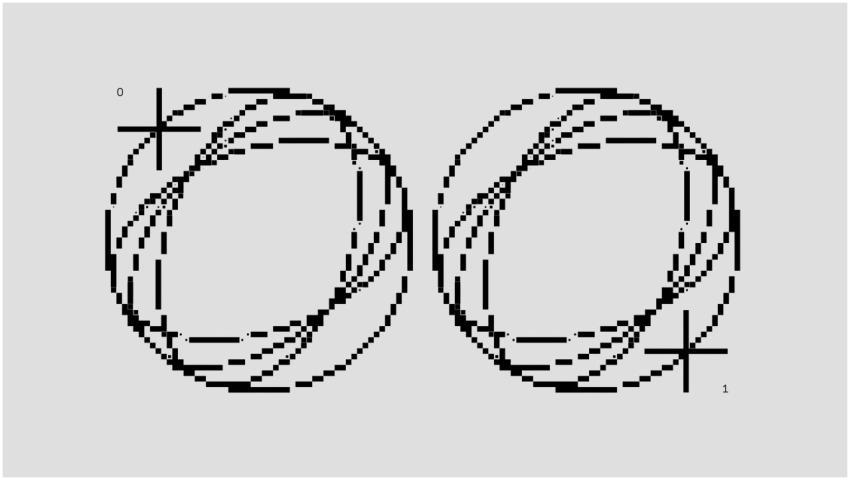 Intricate black and white pixel art featuring circ