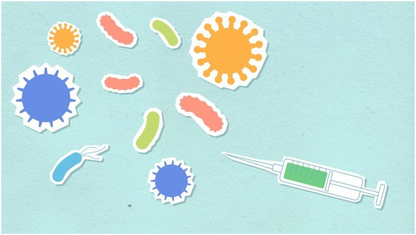 Illustration of viruses and syringe cutouts on blu