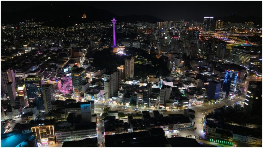Stunning aerial night view of Busan city, highligh