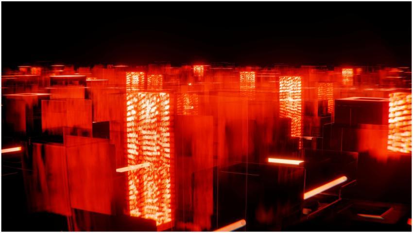 Abstract digital cityscape with glowing red neon l