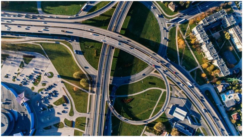 Aerial photograph of a complex highway interchange