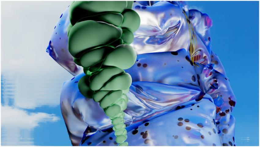 Vibrant 3D abstract artwork showcasing metallic te