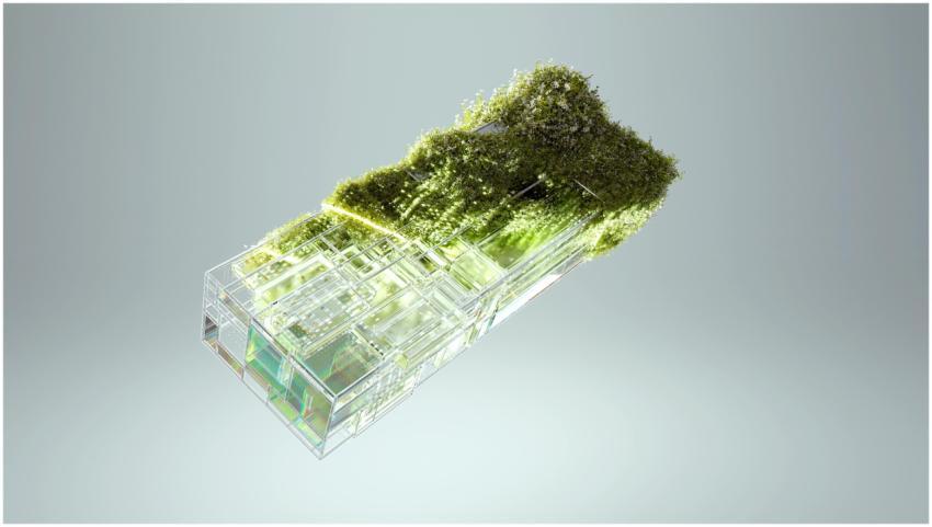 3D render of a glass structure with embedded green
