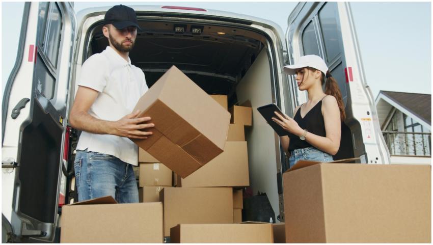 Two delivery workers handling cardboard boxes by a