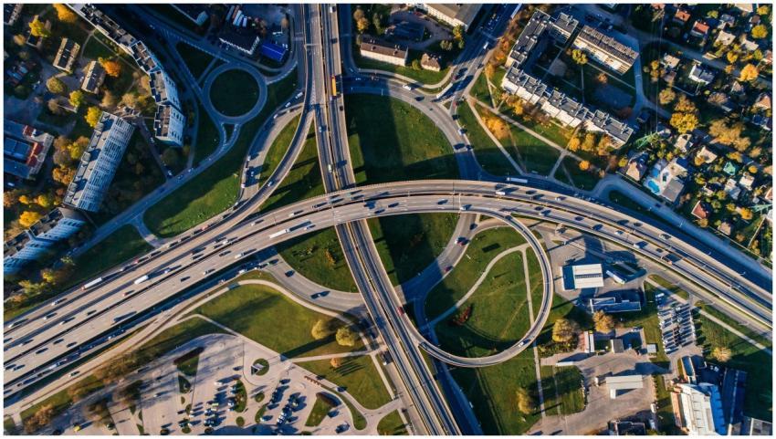 Aerial shot of a complex highway intersection in a