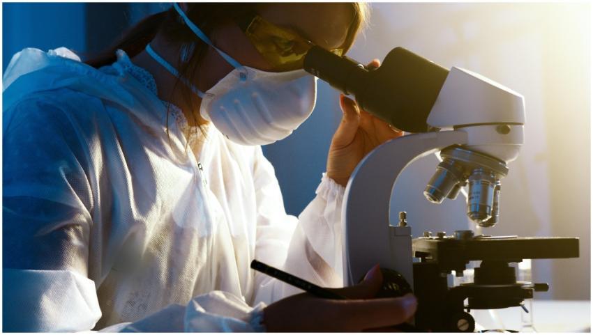 A female scientist uses a microscope in a laborato
