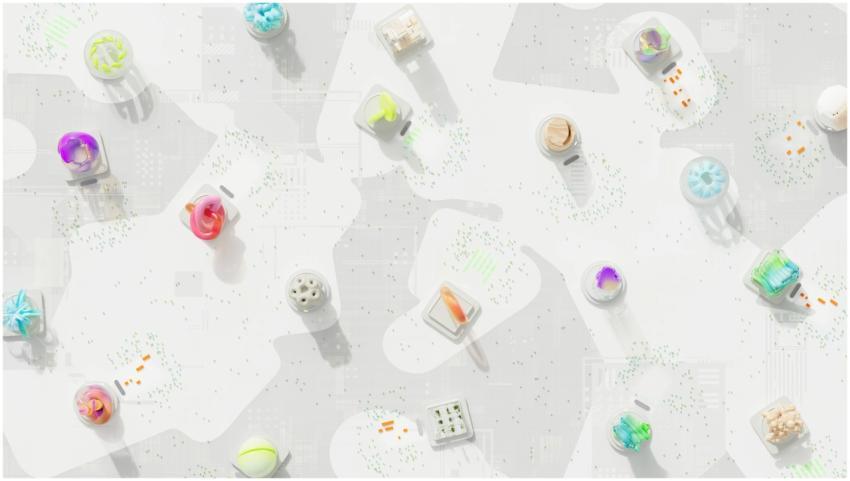 A vibrant 3D render of geometric shapes scattered