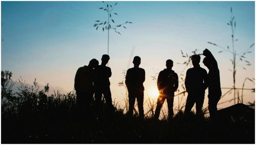 A group of friends silhouetted against the sunset,