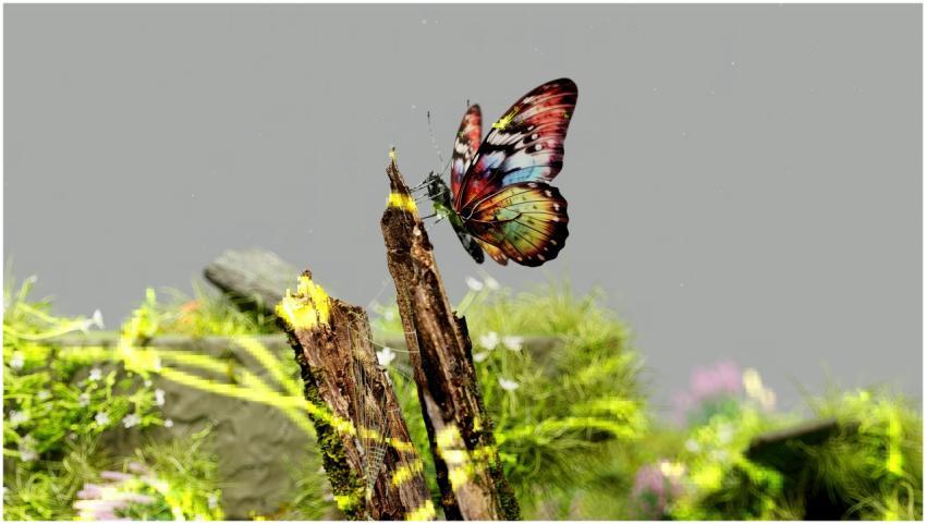 A colorful butterfly rests on a moss-covered branc