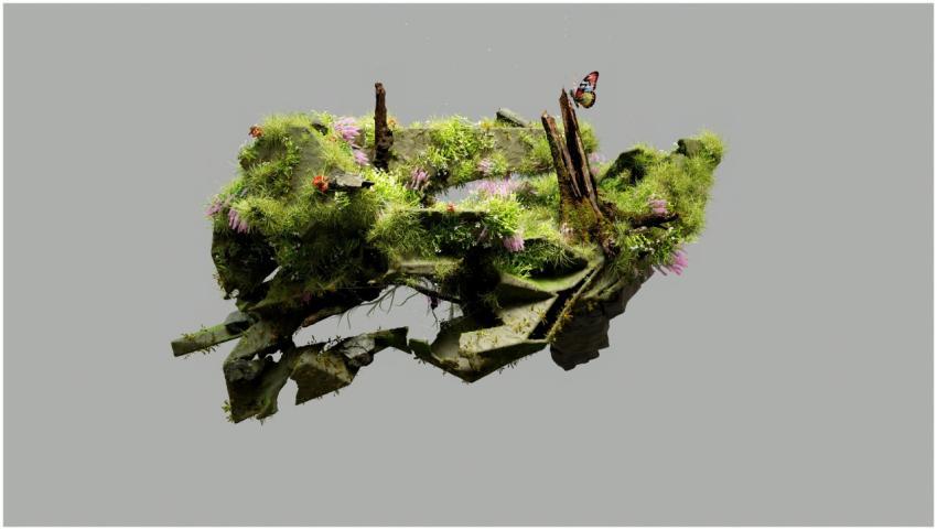 A surreal CGI depiction of a floating island with