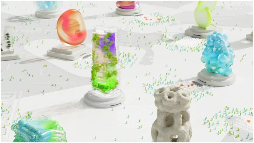 Vibrant futuristic 3D render featuring abstract sh