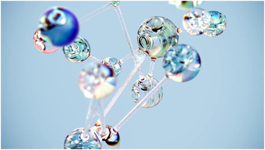 Flowing glass-like molecular structure in blue. Co