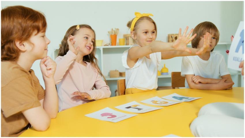 Happy kids engaging with alphabet cards around a y