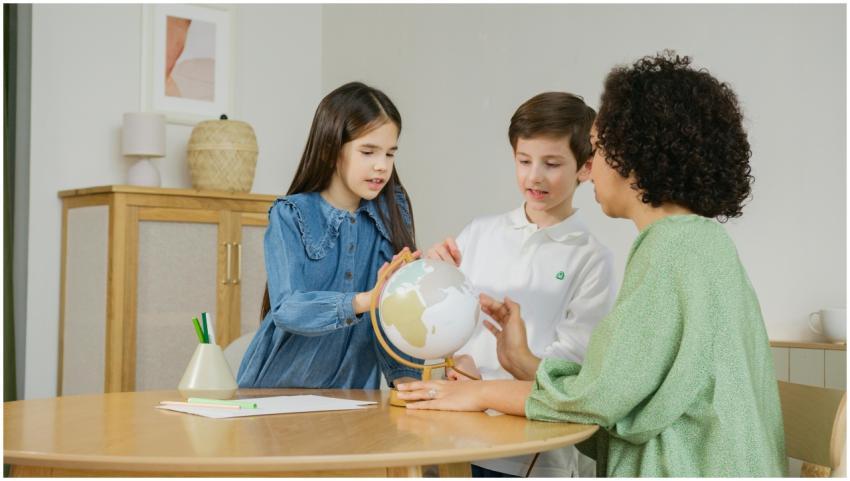 Children and teacher exploring globe for geography