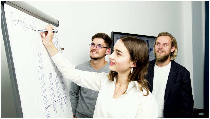 Three professionals collaborating on a business gr