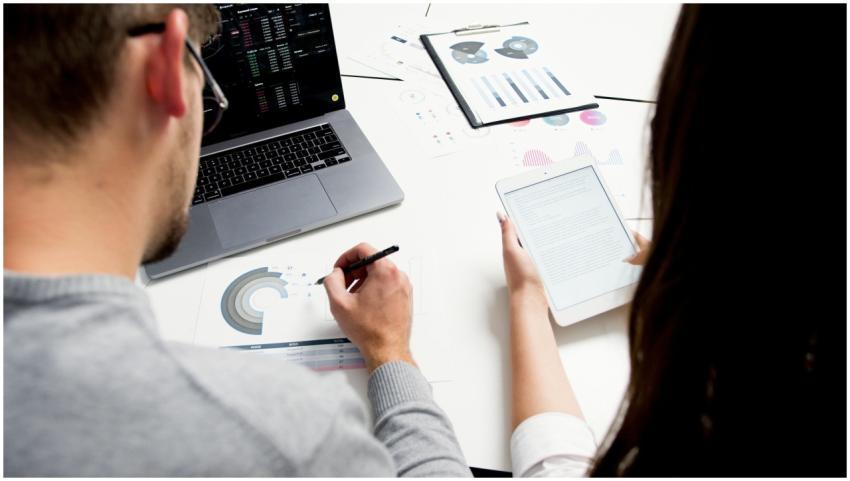 Two business professionals analyzing financial rep