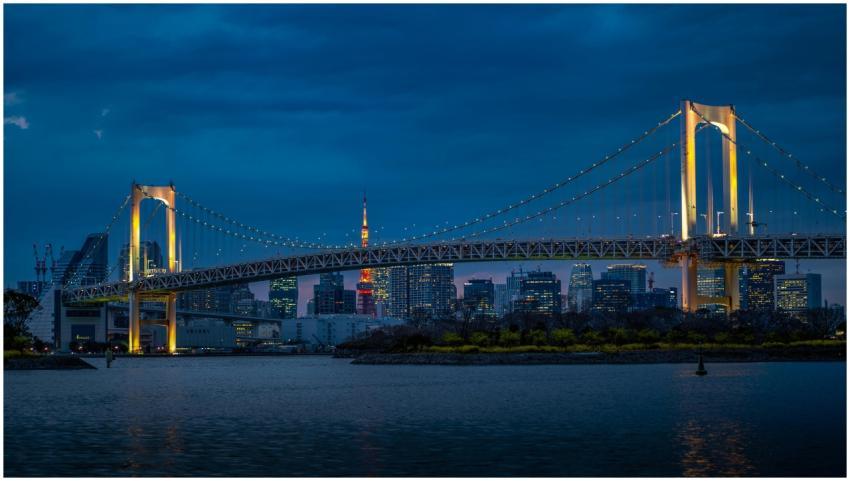Stunning view of Tokyo's Rainbow Bridge illuminate