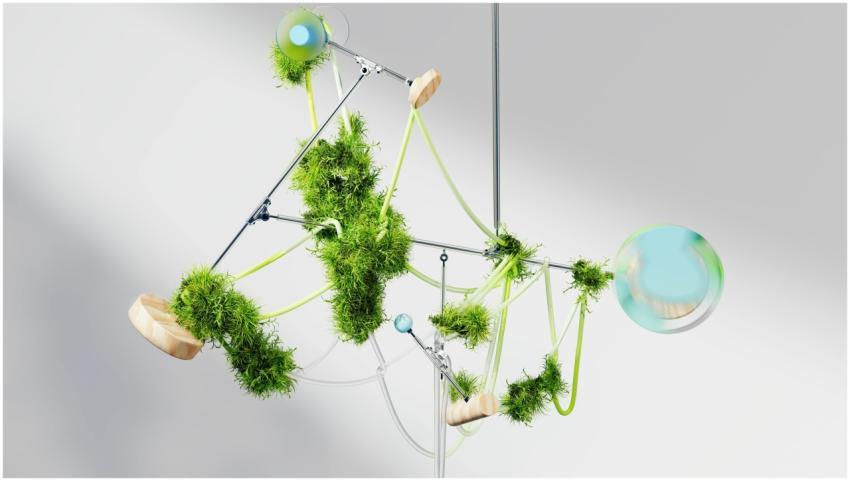 Abstract art installation featuring moss and futur