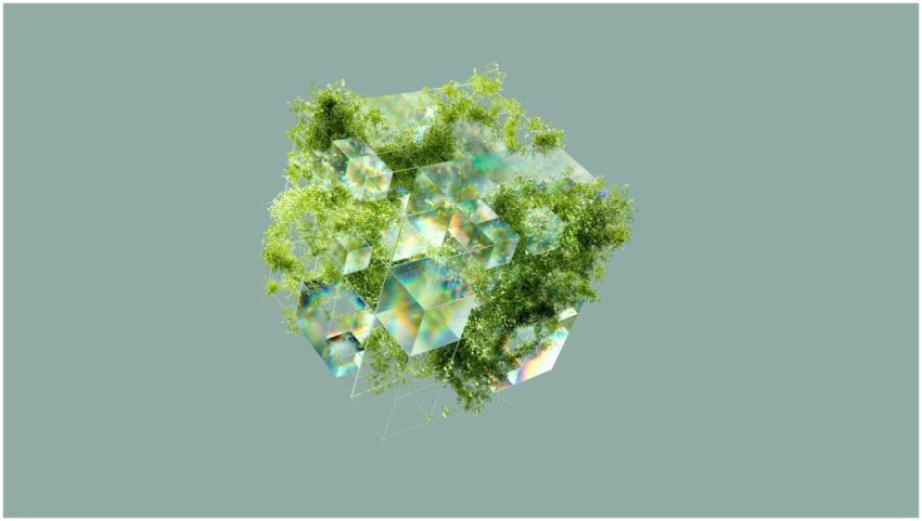 A digital abstract cube interwoven with lush green