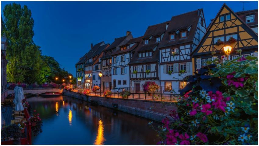 Beautiful evening view of half-timbered houses alo