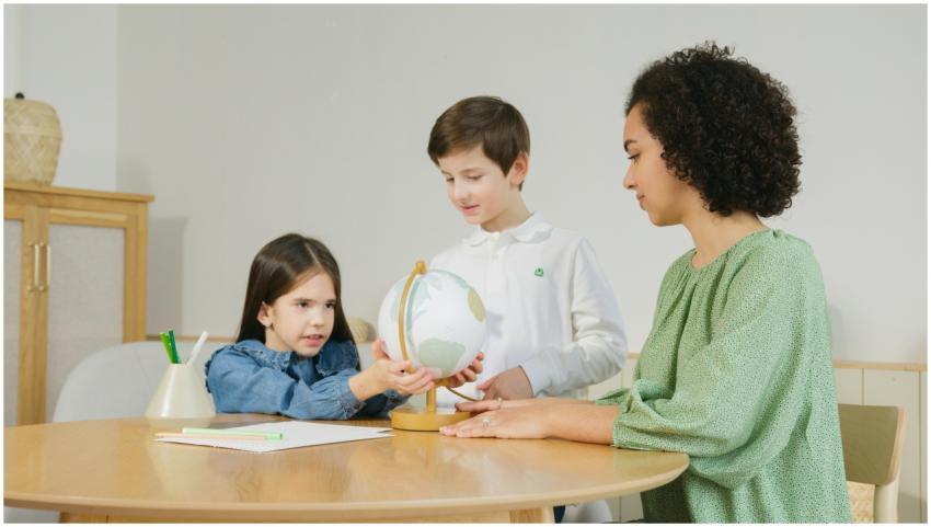 Children with a teacher learning geography through