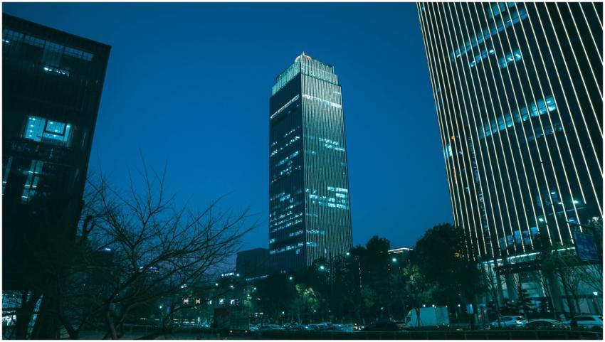 Majestic skyscrapers in Hangzhou, China, illuminat