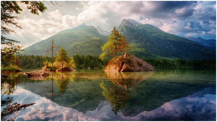 Beautiful alpine lake scene with mountain reflecti