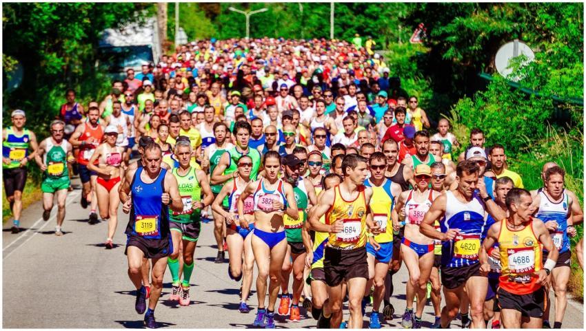 Energetic marathon runners competing on a sunny da