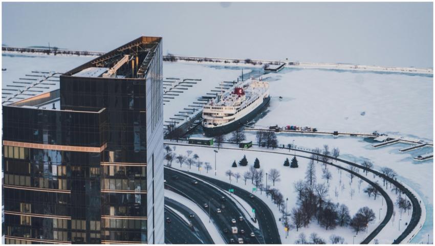 Aerial view of a ship docked in snowy Chicago near