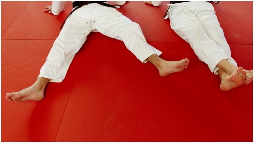 Two martial artists in white uniforms resting on a