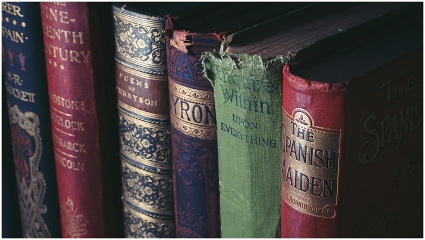 Close-up of vintage hardcover books showcasing orn