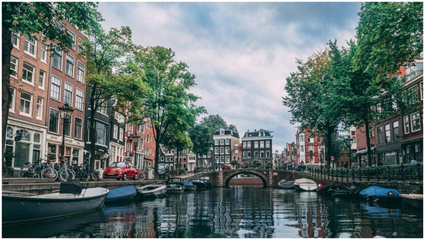 Charming view of an Amsterdam canal lined with bic