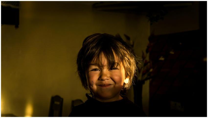 Portrait of a smiling young boy lit by warm indoor