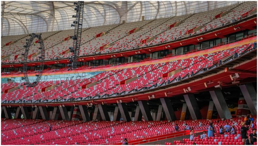 Spacious view of empty modern stadium seats at a B
