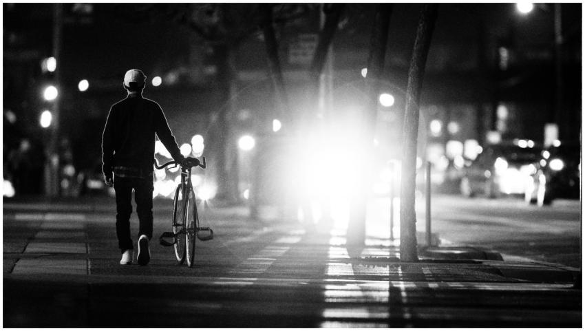 Silhouette of a person walking a bicycle on a city