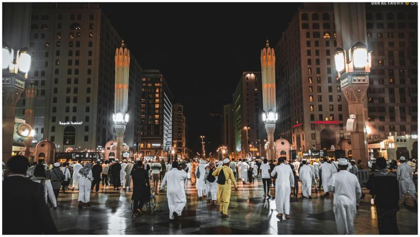 A busy street in Medina, Saudi Arabia, filled with