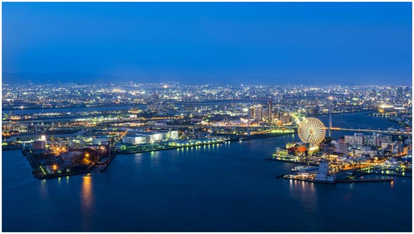 Aerial view of a vibrant city skyline by night fea