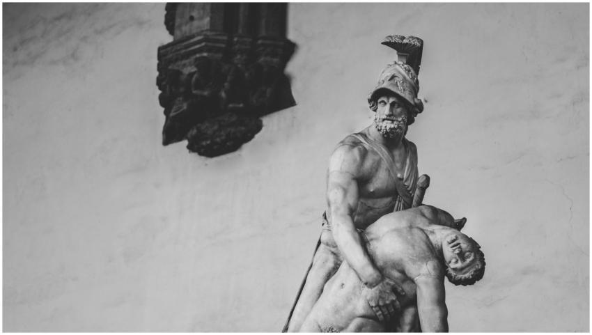 Black and white photo of a classical marble statue