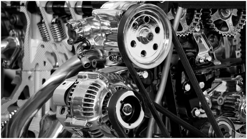 Close-up of a shiny car engine showing polished me
