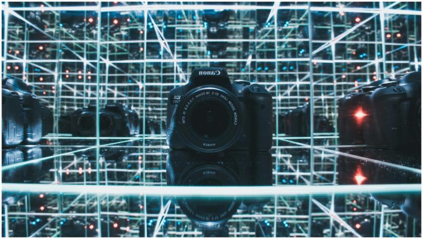 Explore the striking reflections of a camera in a