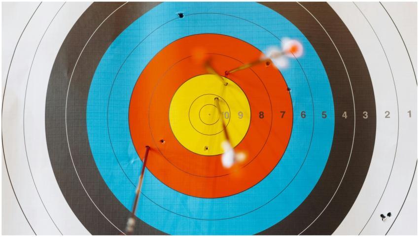 Close-up of a colorful archery target with perfect