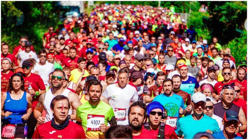 A large group of diverse marathon runners competin