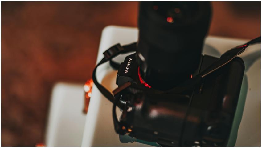 A detailed view of a professional camera with a mo