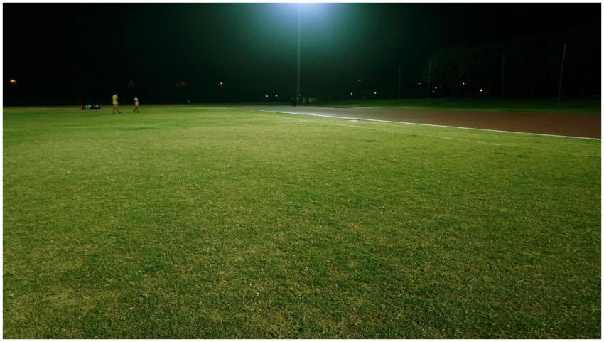 A serene night view of a sports field illuminated